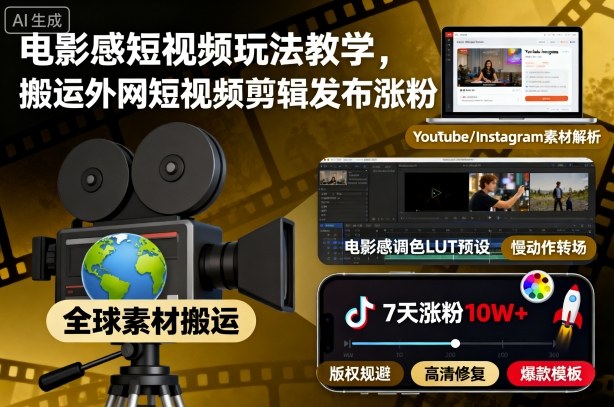 电影感短视频玩法教学，搬运外网短视频剪辑发布涨粉-好耶资源