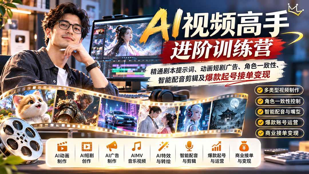 (21174期)AI视频高手进阶训练营:精通剧本提示词、动画短剧广告、角色一致性、智能配音剪辑及爆款起号接单变现-好耶资源