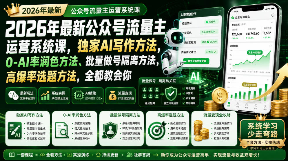 2026年最新公众号流量主运营系统课,独家AI写作方法,0-AI率润色方法、批量做号隔离方法、高爆率选题方法,全都教会你-好耶资源