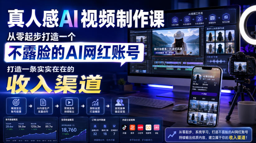 真人感AI视频制作课，从零起步打造一个不露脸的AI网红账号，打造一条实实在在的收入渠道【原创双语字幕】-好耶资源