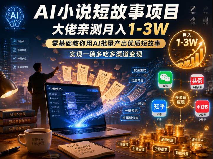 AI小说短故事项目，大佬亲测月入1-3W，零基础教你用AI批量产出优质短故事，实现一稿多吃多渠道变现