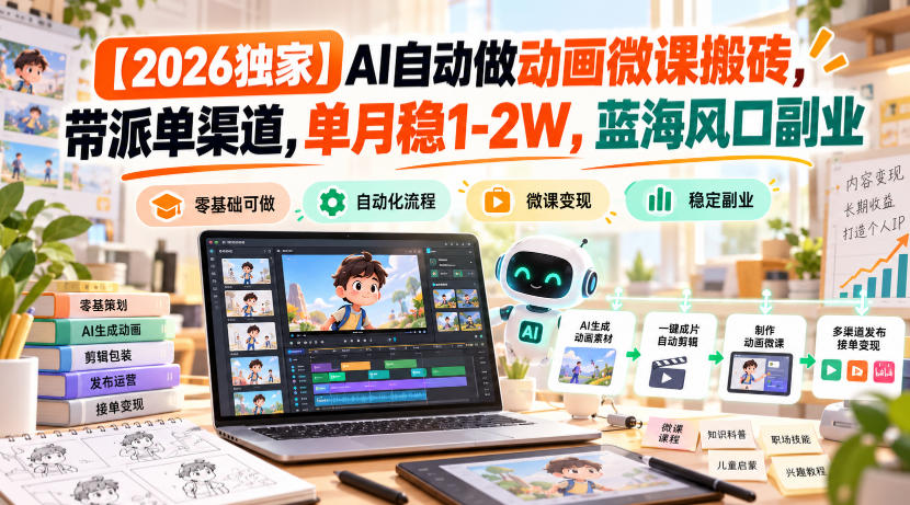 【2026独家】AI自动做动画微课搬砖,带派单渠道,单月稳1-2W,蓝海风口副业【揭秘】-好耶资源