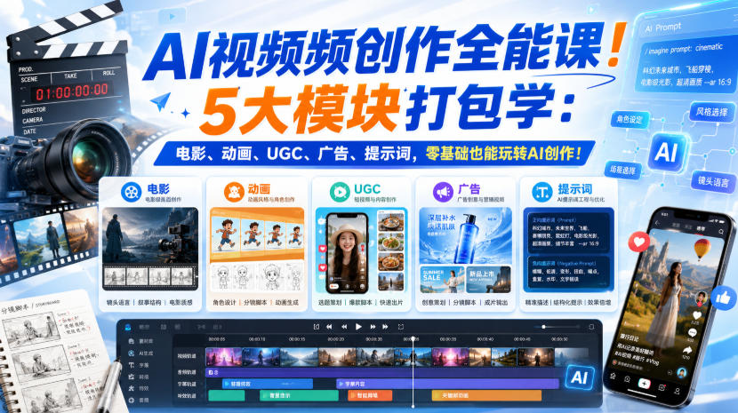 AI视频频创作全能课!5大模块打包学:电影、动画、UGC、广告、提示词,零基础也能玩转AI创作!【原创双语字幕】-好耶资源