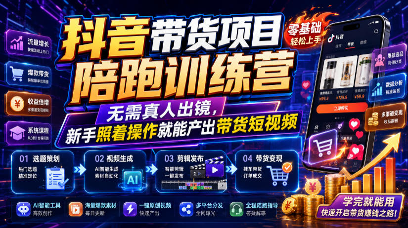 抖音带货项目陪跑训练营,无需真人出镜,新手照着操作就能产出带货短视频-好耶资源