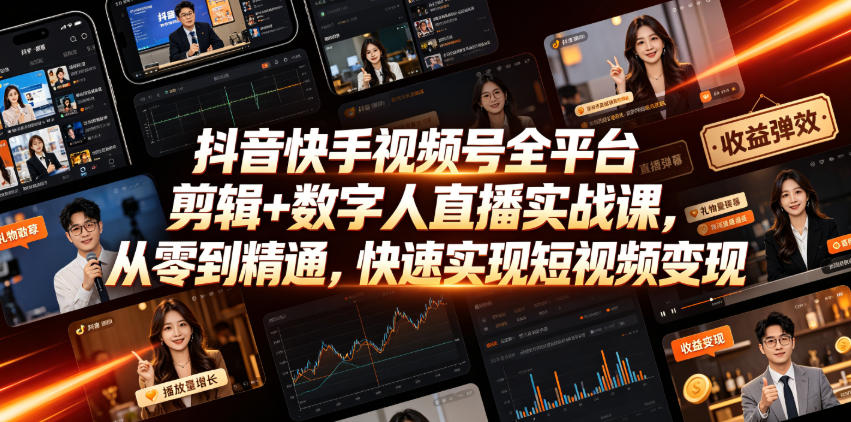抖音快手视频号全平台剪辑+数字人直播实战课，从零到精通，快速实现短视频变现(更新2026年6月)-好耶资源