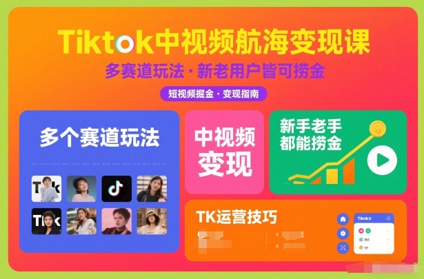 Tiktok中视频航海变现课，多个赛道玩法，新手老手都能在TK中视频捞金-好耶资源