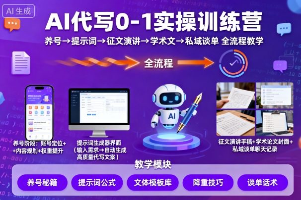 AI代写0-1实操训练营，从养号、提示词、征文演讲、学术文，到私域谈单的全流程教学-好耶资源