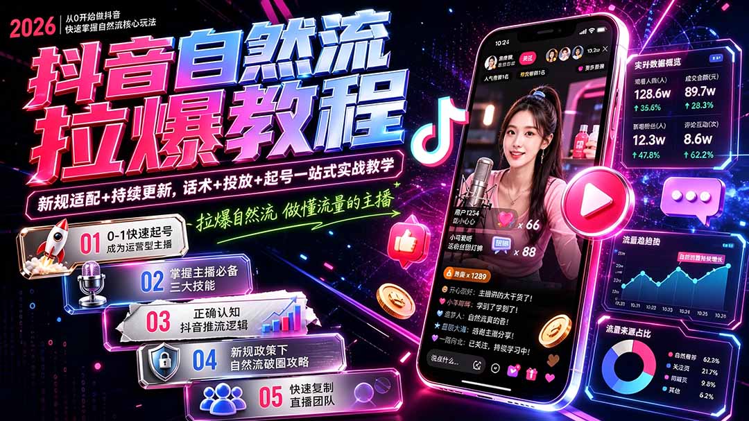抖音自然流拉爆教程-更新7月:做懂流量的主播,新规适配+持续更新,话术+投放+起号一站式实战教学-好耶资源
