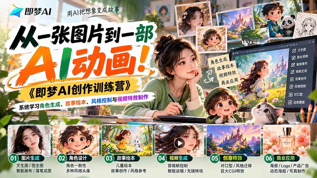 (21160期)【无水印】从一张图片到一部AI动画!《即梦AI创作训练营》系统学习角色生成、故事绘本、风格控制与视频特效制作-好耶资源