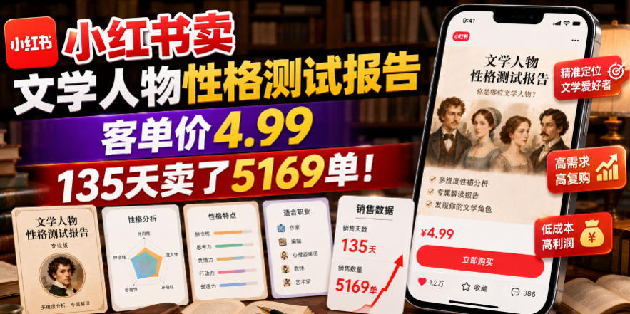 小红书卖文学人物性格测试报告,客单价4.99,135天卖了5169单!-好耶资源