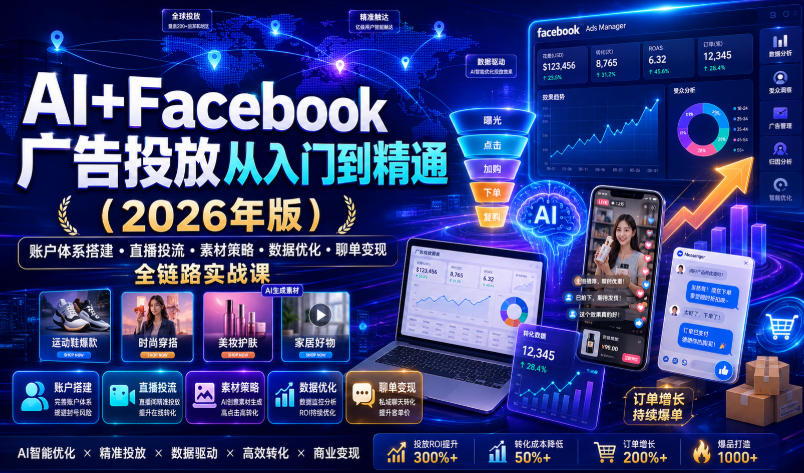 AI+Facebook广告投放从入门到精通(2026年版)|账户体系搭建・直播投流・素材策略・数据优化・聊单变现全链路实战课-好耶资源