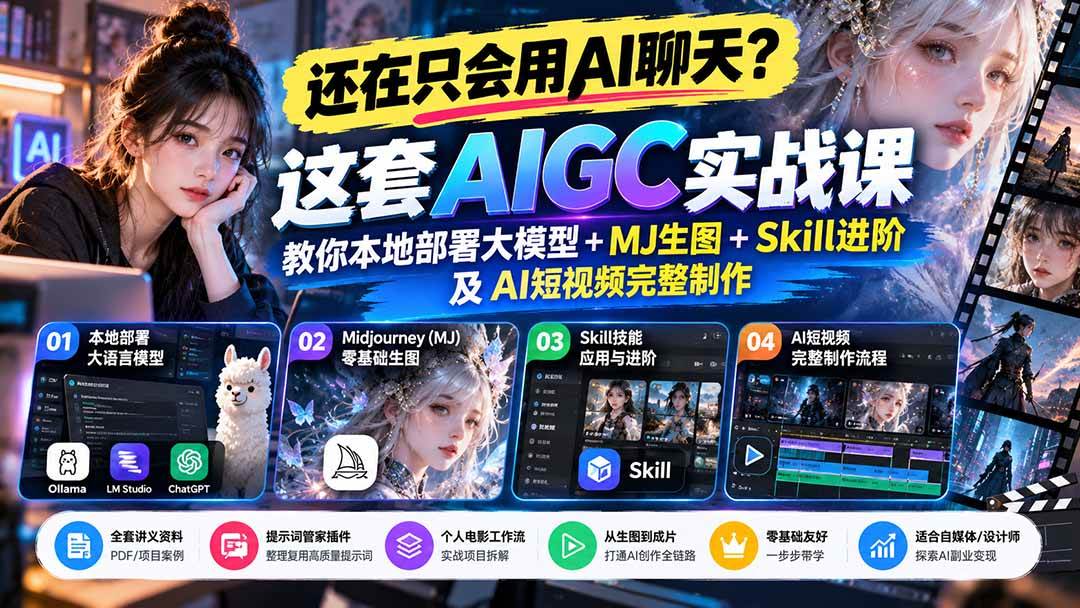 (21135期)【无水印】还在只会用AI聊天?这套AIGC实战课教你本地部署大模型+MJ生图+Skill进阶及AI短视频完整制作-好耶资源