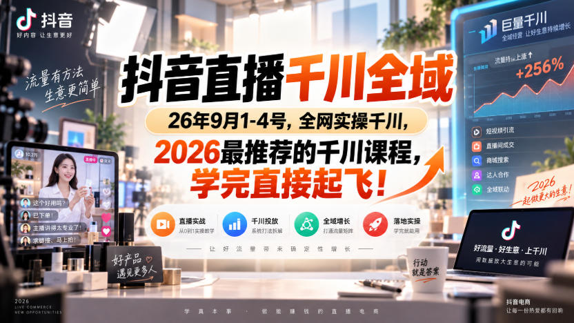 抖音直播千川全域26年9月1-4号，全网实操千川，2026最推荐的千川课程，学完直接起飞！-好耶资源