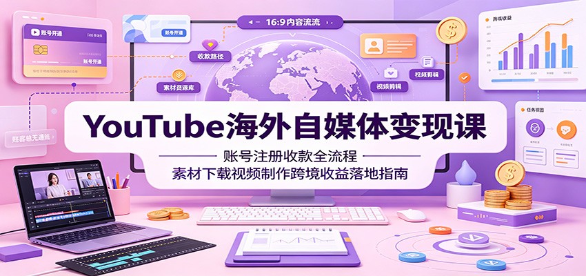 YouTube海外自媒体变现课:账号注册收款全流程,素材下载视频制作跨境收益落地指南-好耶资源