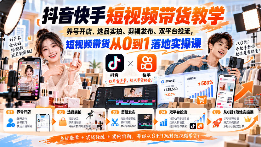 抖音快手短视频带货教学｜养号开店、选品实拍、剪辑发布、双平台投流，短视频带货从0到1落地实操课-好耶资源