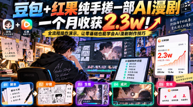 豆包+红果纯手搓一部AI漫剧一个月收获2.3w！全流程操作演示，让零基础也能学会AI漫剧制作技巧-好耶资源