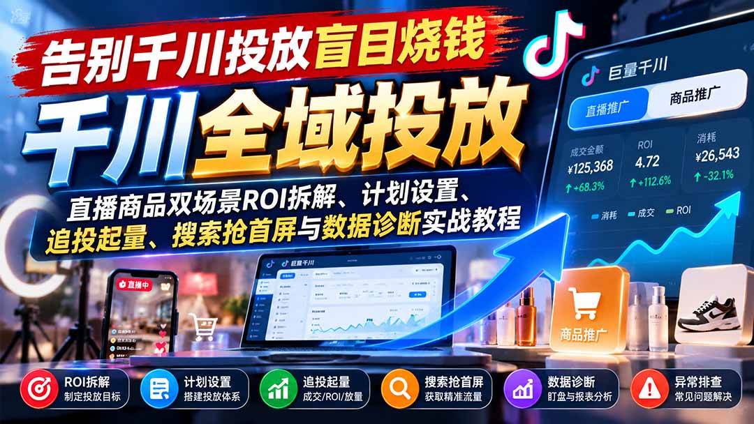 (21079期)告别千川投放盲目烧钱:直播商品双场景ROI拆解、计划设置、追投起量、搜索抢首屏与数据诊断实战教程-好耶资源