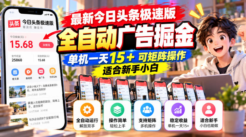 最新今日头条极速版全自动广告掘金，单机一天15+可矩阵操作适合新手小白-好耶资源