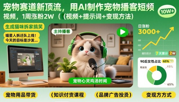 宠物赛道新顶流，用AI制作宠物播客短视频，1周涨粉2W(视频+提示词+变现方法)-好耶资源