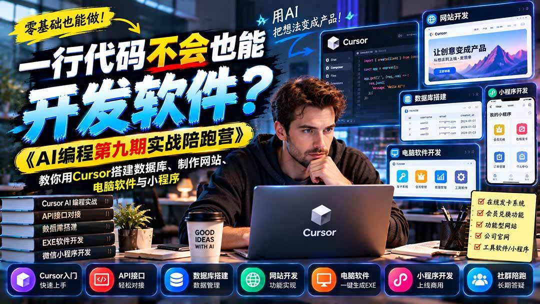 (21146期)一行代码不会也能开发软件?《AI编程第九期实战陪跑营》教你用Cursor搭建数据库、制作网站、电脑软件与小程序-好耶资源