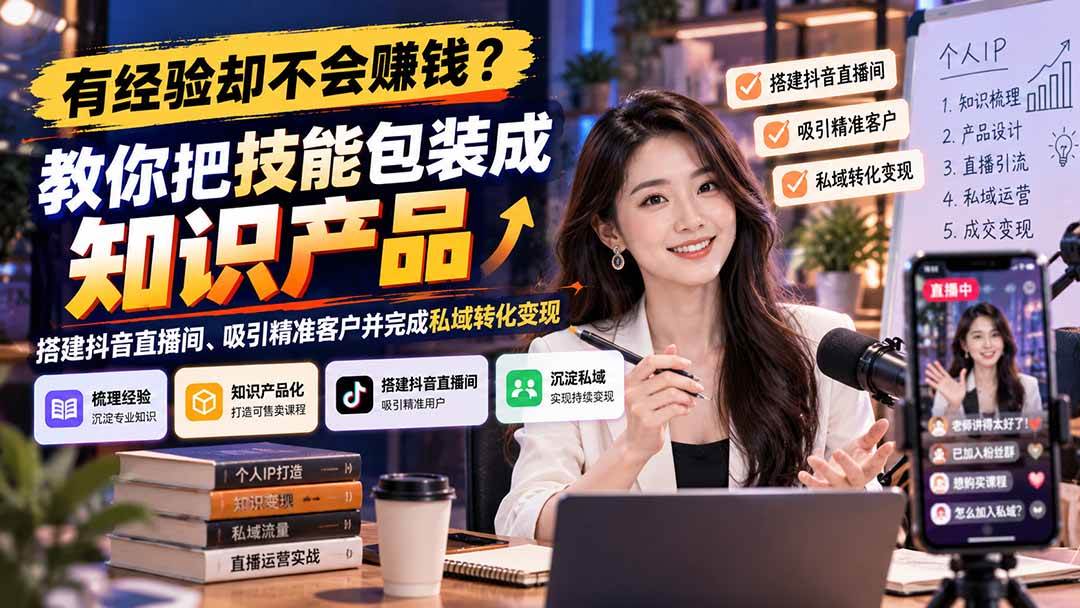 (21268期)有经验却不会赚钱?教你把技能包装成知识产品,搭建抖音直播间、吸引精准客户并完成私域转化变现-好耶资源