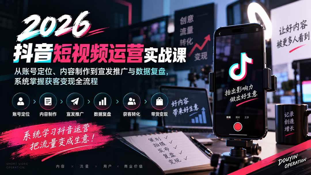 (20406期)2026抖音短视频运营实战课:从账号定位、内容制作到宣发推广与数据复盘,系统掌握获客变现全流程-好耶资源