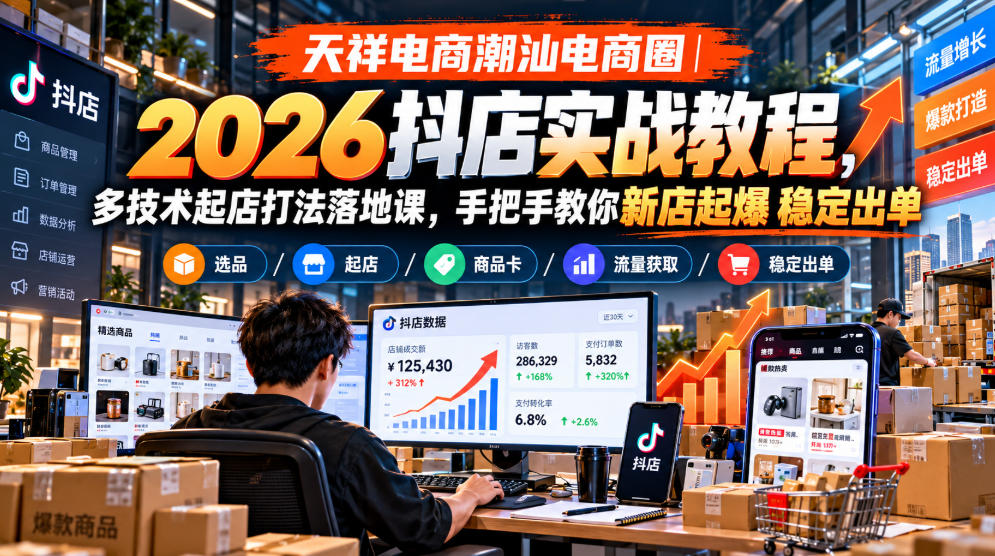 天祥电商潮汕电商圈|2026抖店实战教程,多技术起店打法落地课,手把手教你新店起爆稳定出单-好耶资源