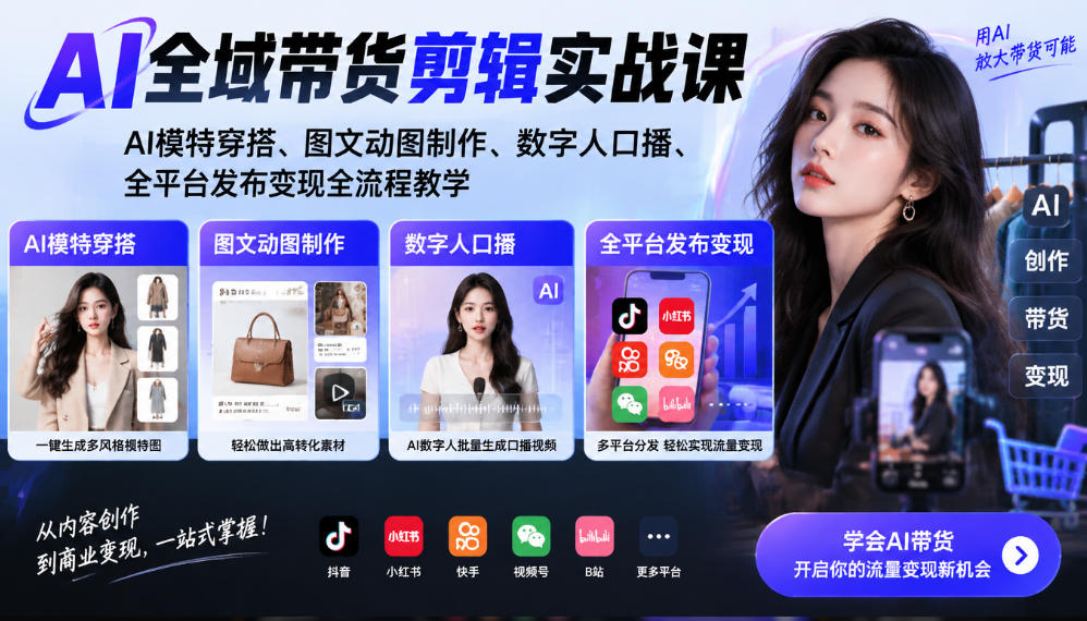 AI全域带货剪辑实战课|AI模特穿搭、图文动图制作、数字人口播、全平台发布变现全流程教学-好耶资源
