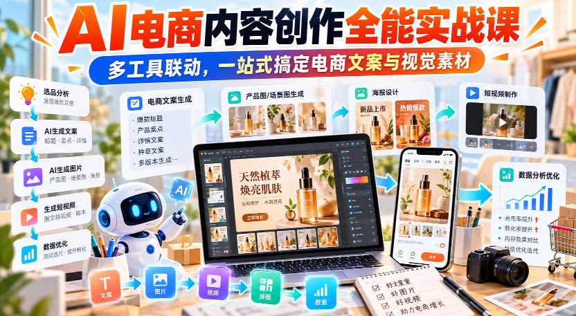 【无水印】AI电商内容创作全能实战课|多工具联动,一站式搞定电商文案与视觉素材-好耶资源