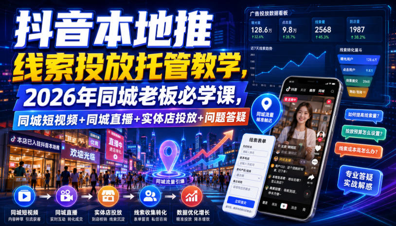 抖音本地推线索投放托管教学，2026年同城老板必学课，同城短视频+同城直播+实体店投放+问题答疑-好耶资源