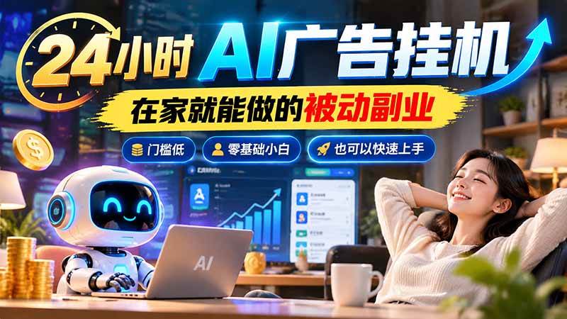 (21118期)24小时AI广告挂机|在家就能做的被动副业,门槛低,零基础小白也可以快速上手-好耶资源