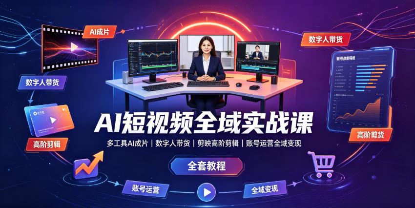 AI短视频全域实战课|多工具AI成片、数字人带货、剪映高阶剪辑、账号运营全域变现全套教程-好耶资源