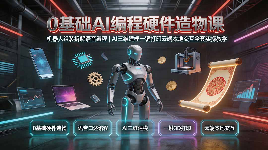 0基础AI编程硬件造物课|机器人组装拆解语音编程,AI三维建模一键打印云端本地交互全套实操教学-好耶资源