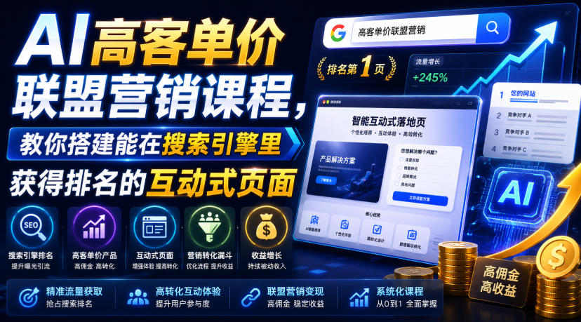 AI高客单价联盟营销课程,教你搭建能在搜索引擎里获得排名的互动式页面,引来流量,把访客转化为高佣金的成交【原创双语字幕】-好耶资源