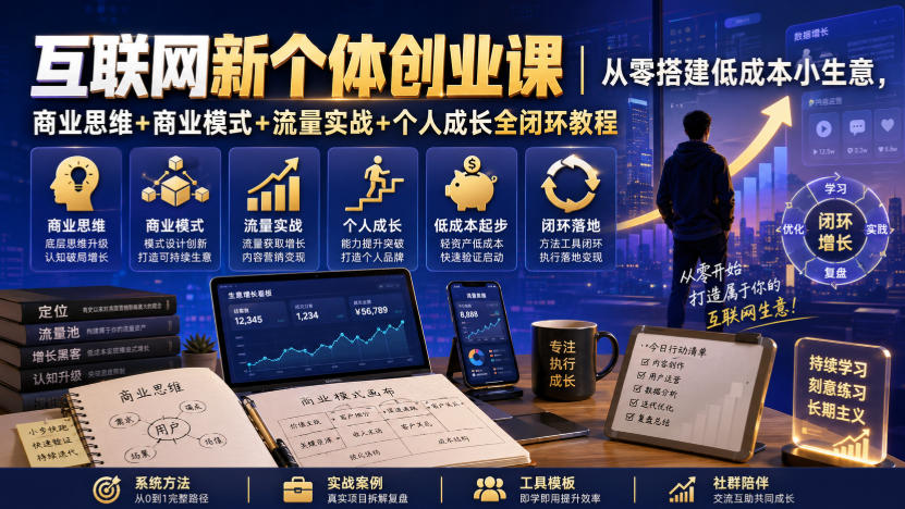 互联网新个体创业课|从零搭建低成本小生意,商业思维+商业模式+流量实战+个人成长全闭环教程-好耶资源