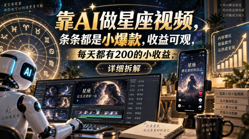 靠AI做星座视频，条条都是小爆款，收益可观，每天都有200的小收益，详细拆解-好耶资源