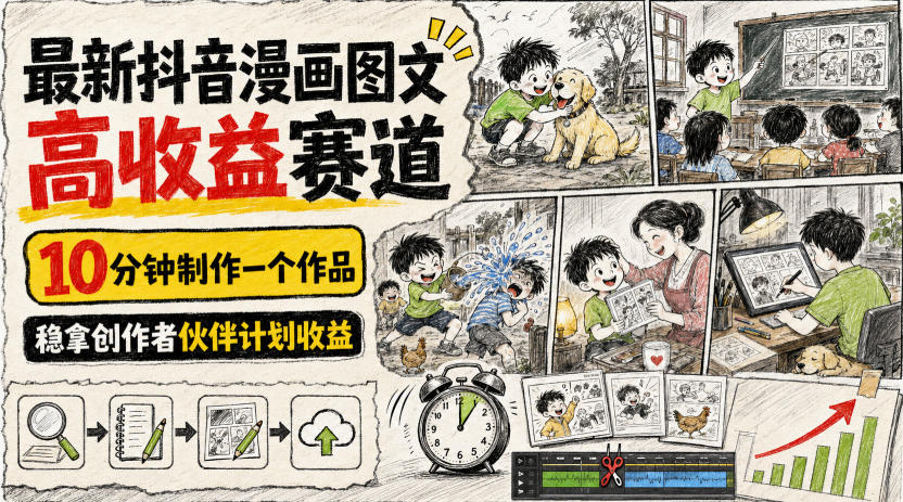 最新抖音漫画图文高收益赛道,10分钟制作一个作品,稳拿创作者伙伴计划收益-好耶资源