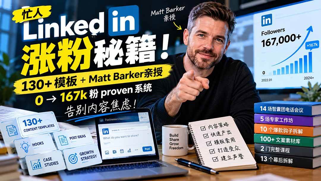（21215期）【无水印】忙人LinkedI 涨粉秘籍！130+模板+Matt Barker亲授：0→167k粉proven系统，告别内容焦虑【原创双语字幕】-好耶资源