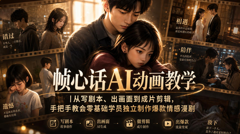 帧心话AI动画教学|从写剧本、出画面到成片剪辑,手把手教会零基础学员独立制作爆款情感漫剧-好耶资源