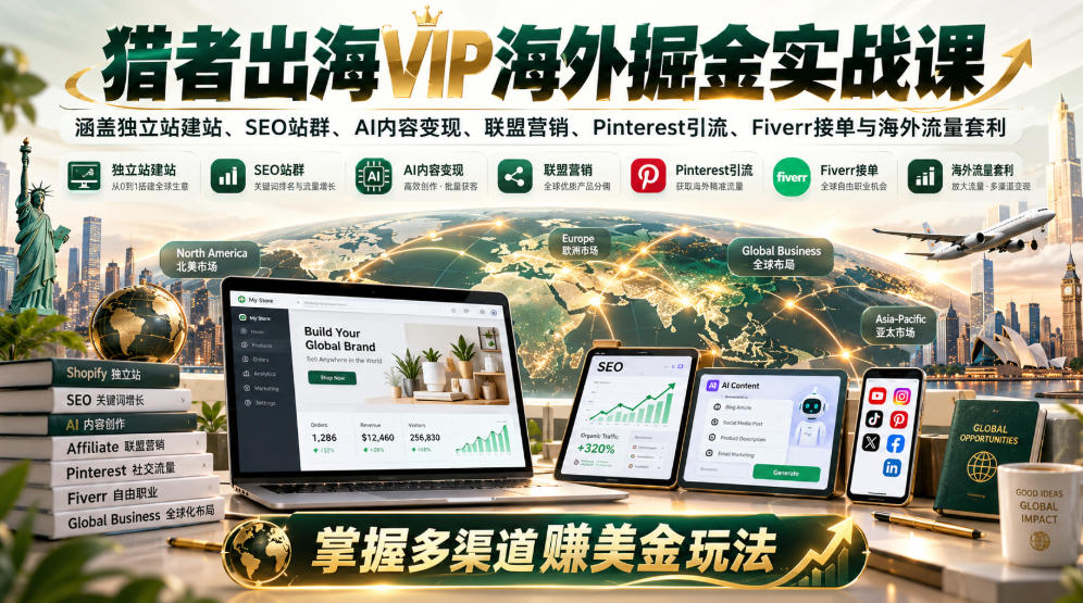 猎者出海VIP海外掘金实战课：涵盖独立站、SEO站群、AI变现、联盟营销、Pinterest引流、Fiverr接单与海外流量套利，掌握多渠道賺美金玩法-好耶资源