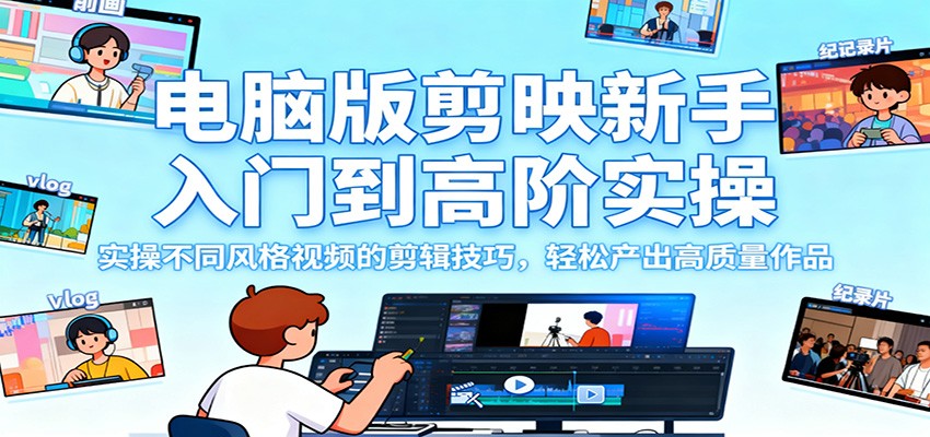 电脑版剪映新手入门到高阶实操，实操不同风格视频的剪辑技巧，轻松产出高质量作品-好耶资源