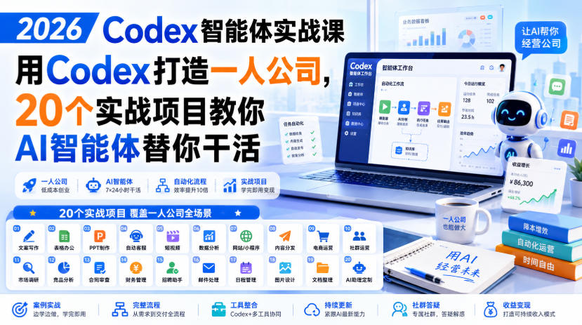 2026 Codex智能体实战课，用Codex打造一人公司，20个实战项目教你AI智能体替你干活-好耶资源