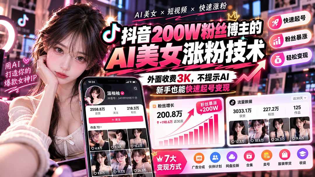 （21106期）抖音200W粉丝博主的AI美女涨粉技术，外面收费3K，不提示AI，新手也能快速起号变现