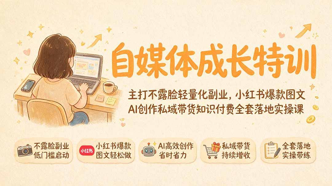 自媒体成长特训｜主打不露脸轻量化副业，小红书爆款图文AI创作私域带货知识付费全套落地实操课-好耶资源