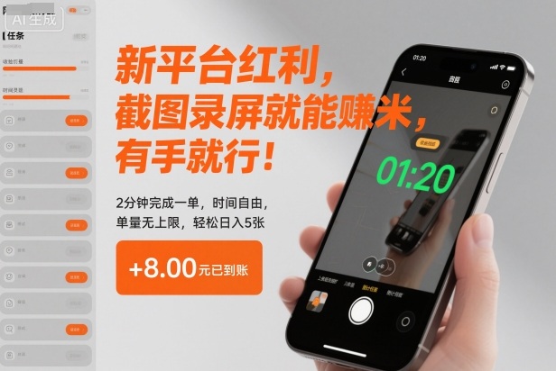 新平台红利,截图录屏就能賺米,有手就行!2分钟完成一单,时间自由,单量无上限,轻松日入5张【揭秘】-好耶资源