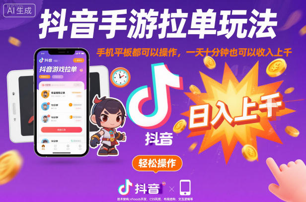 抖音手游拉单玩法，手机平板都可以操作，一天十分钟也可以收入上K【揭秘】-好耶资源