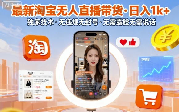 最新淘宝无人直播带货，日入1k+，独家技术，无违规无封号，无需露脸无需说话【揭秘】-好耶资源