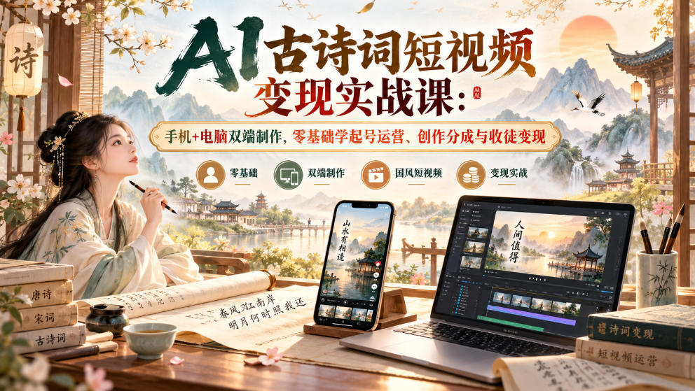 AI古诗词短视频变现实战课：手机+电脑双端制作，零基础学起号运营、创作分成与收徒变现-好耶资源