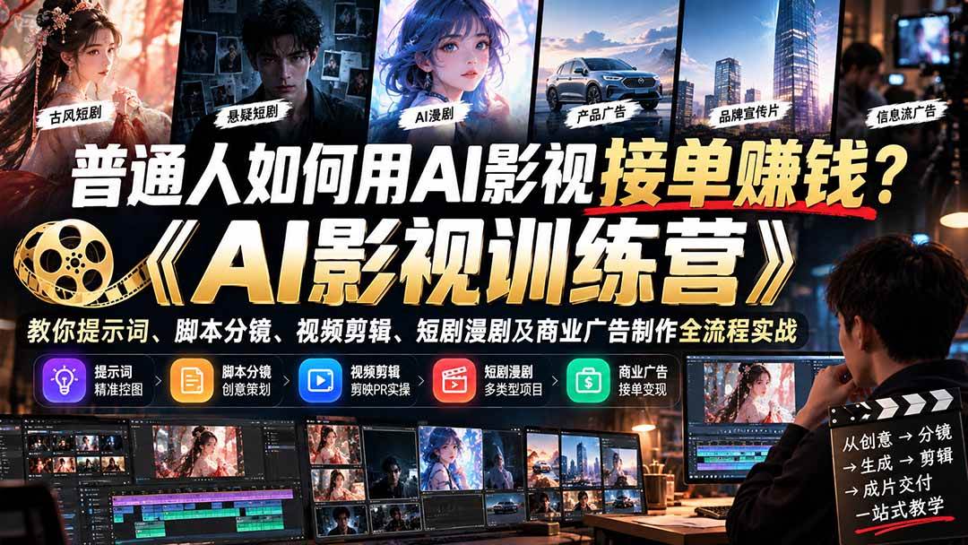 （21230期）普通人如何用AI影视接单赚钱？《AI影视训练营》教你提示词、脚本分镜、视频剪辑、短剧漫剧及商业广告制作全流程实战-好耶资源