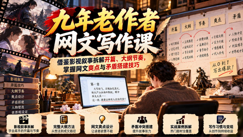 九年老作者网文写作课：借鉴影视叙事拆解开篇、大纲节奏，掌握网文爽点与矛盾搭建技巧-好耶资源